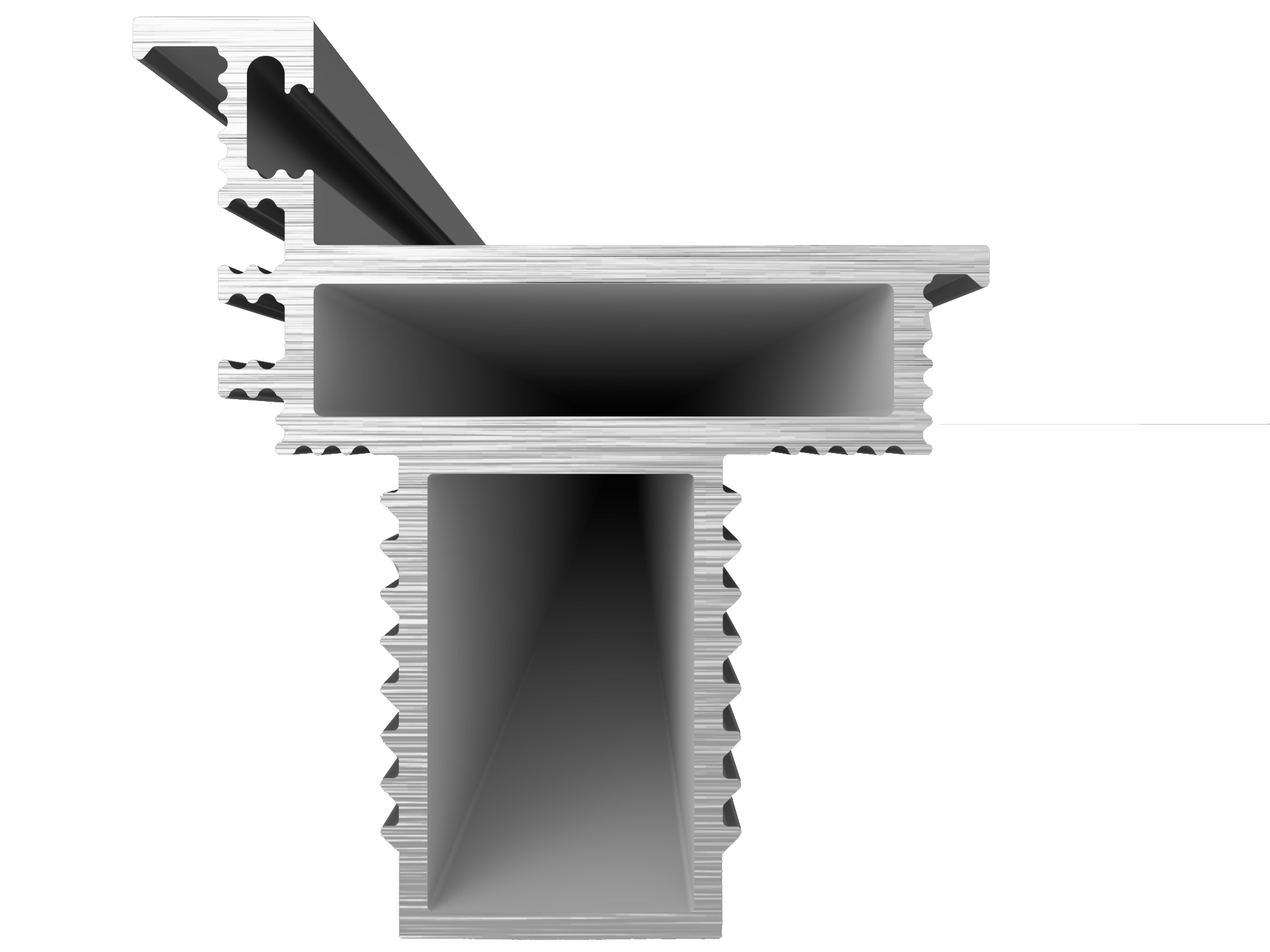 Cross-section of concealed door system with reinforced aluminum frame and MDF panel