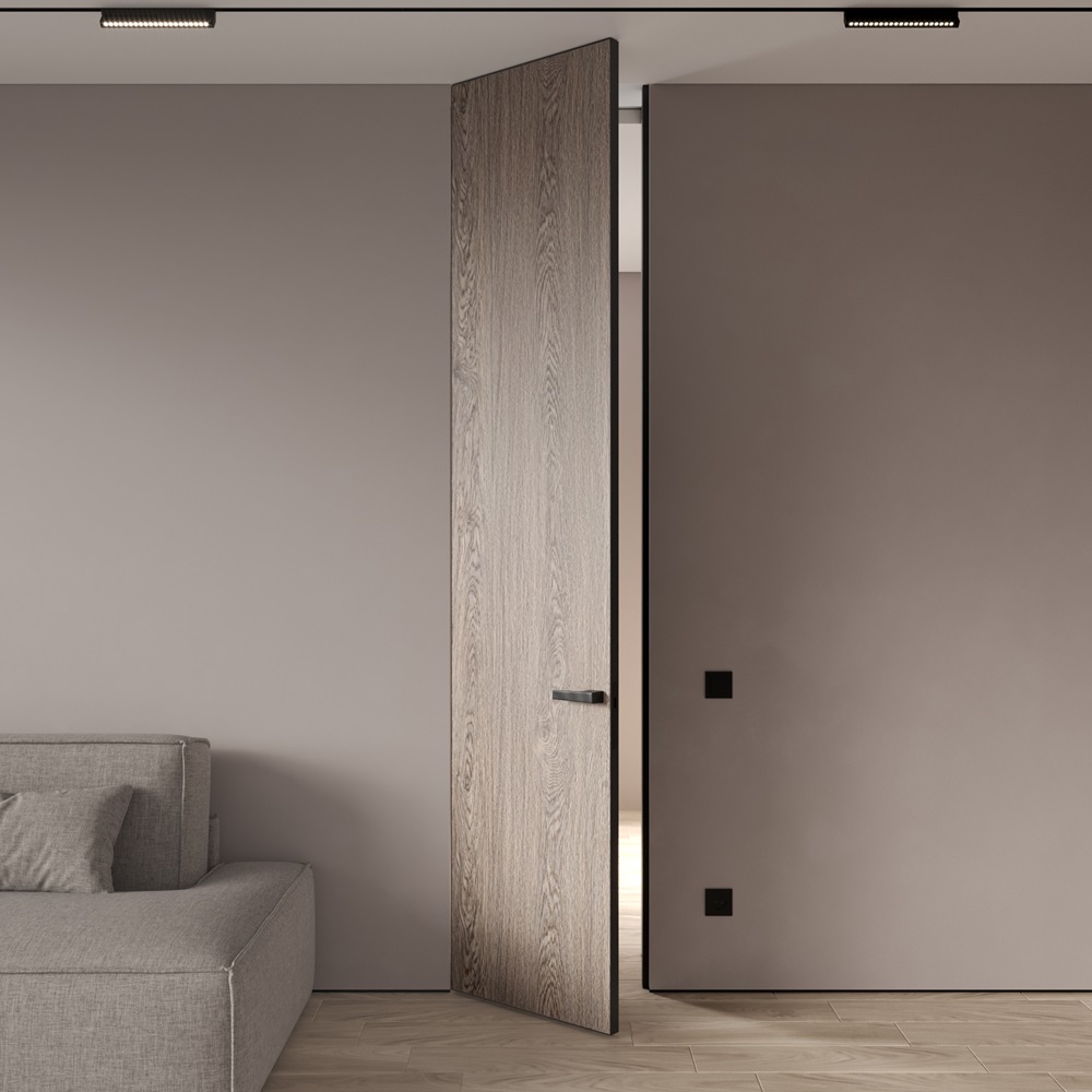 Concealed hinged door finished with particleboard seamlessly blending with the wall