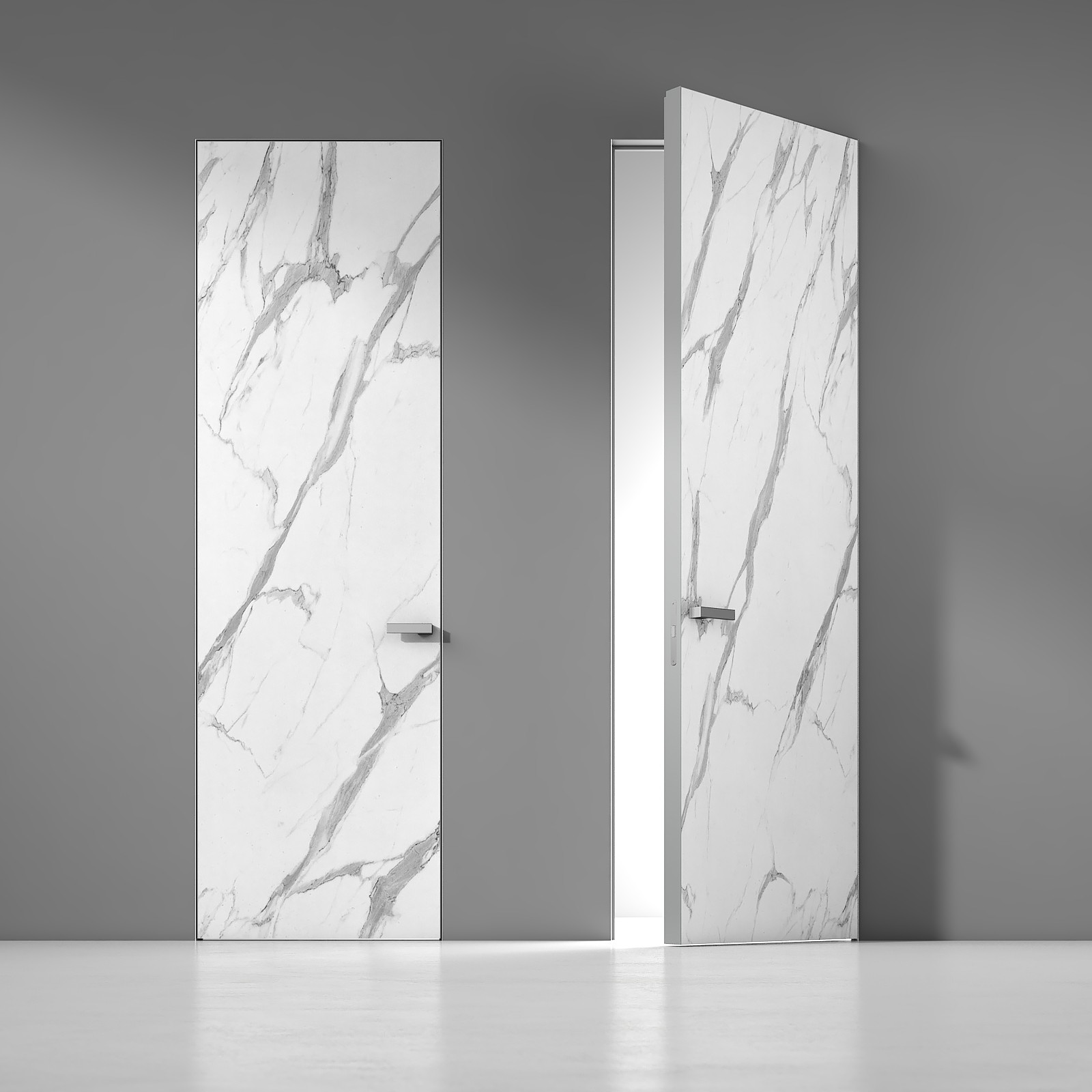 Concealed doors finished with white marble-look porcelain stoneware