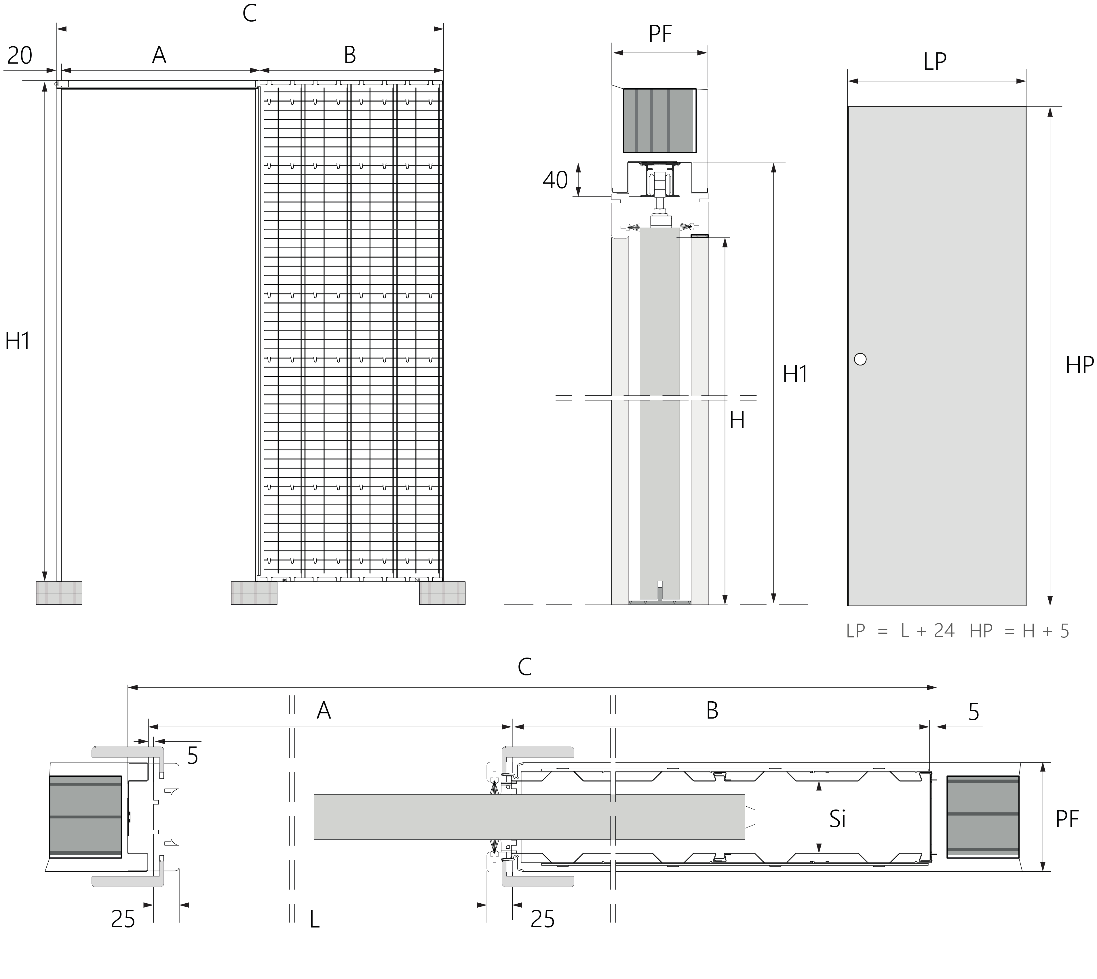 Technical blueprint of CLASSICO pocket sliding door system with box and decorative trims