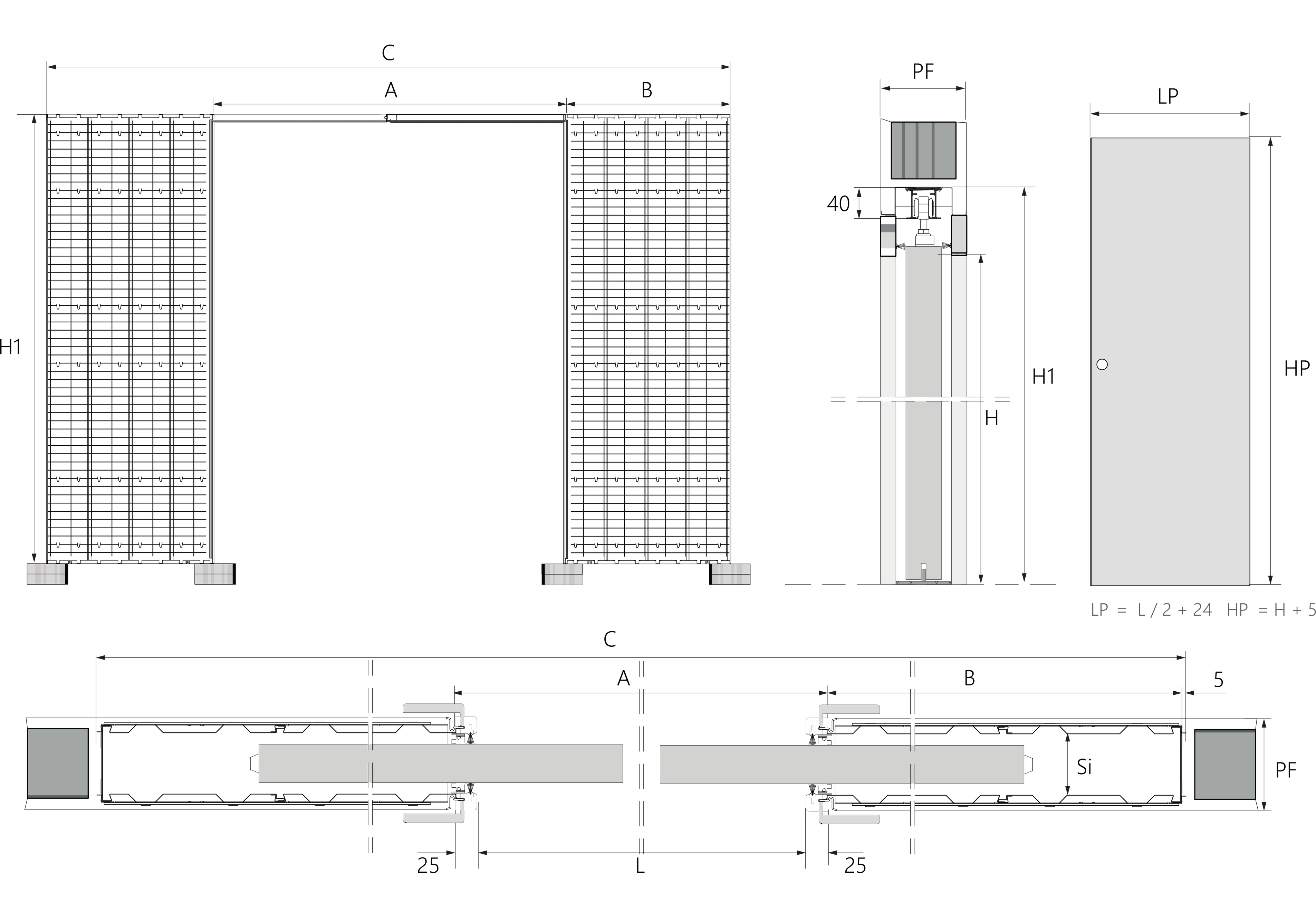 Blueprint of CLASSICO Double pocket sliding system with classic trims and dual door panels