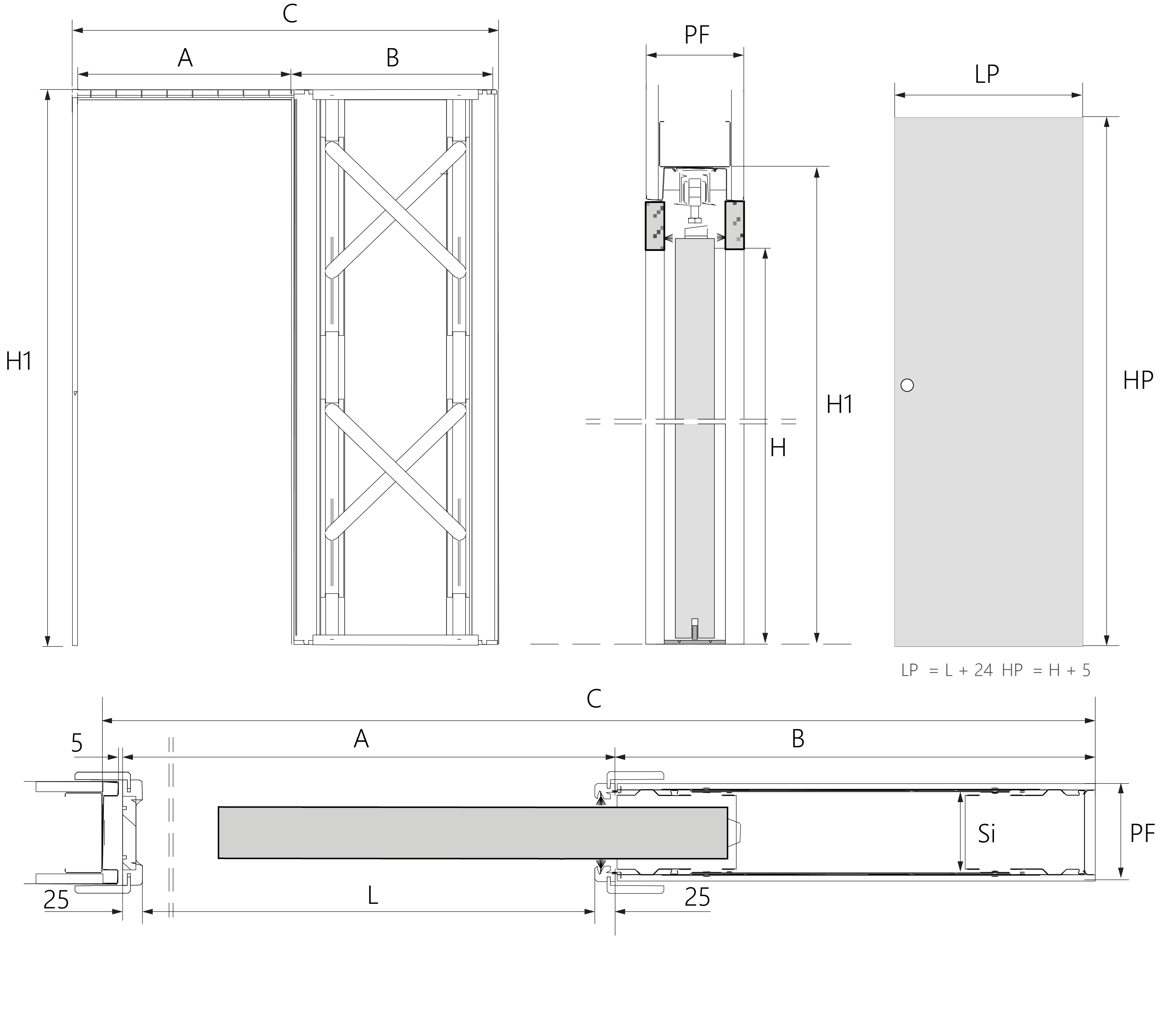Blueprint of COMPREX pocket sliding door system with telescopic frame for drywall installations