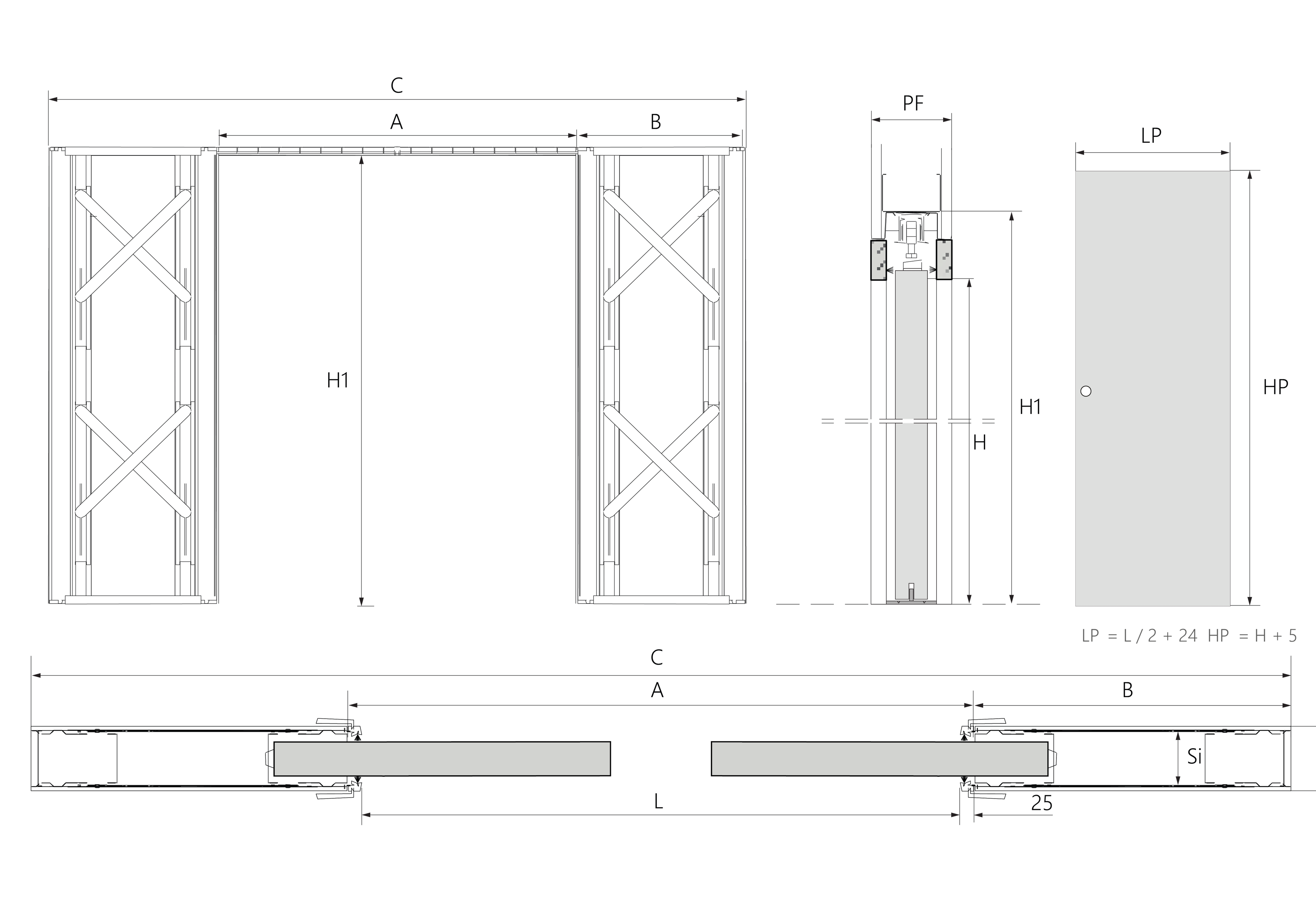 Blueprint of COMPREX Double telescopic pocket sliding system for drywall with adjustable width