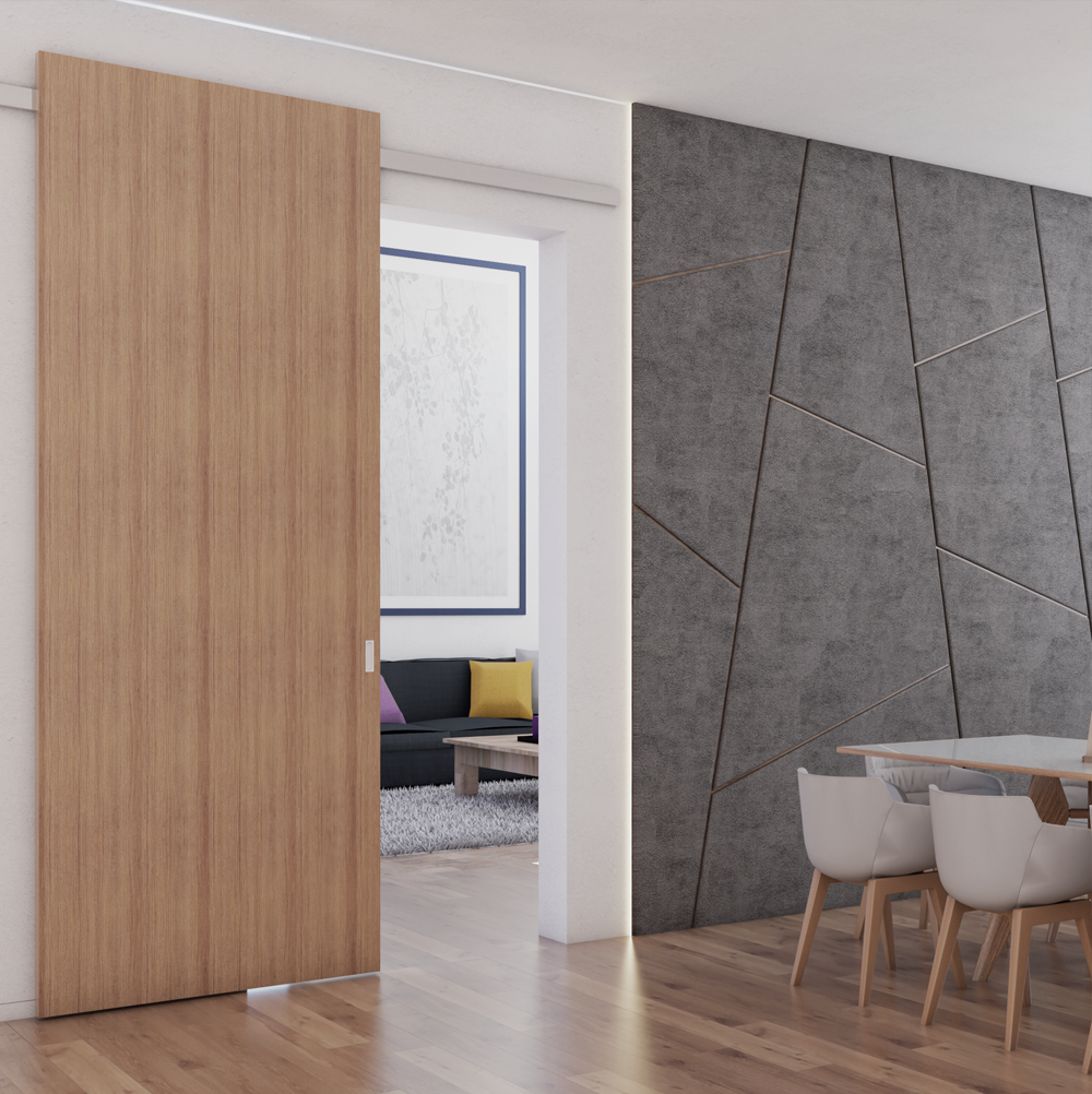 Wooden concealed sliding door in a modern dining room with geometric wall design