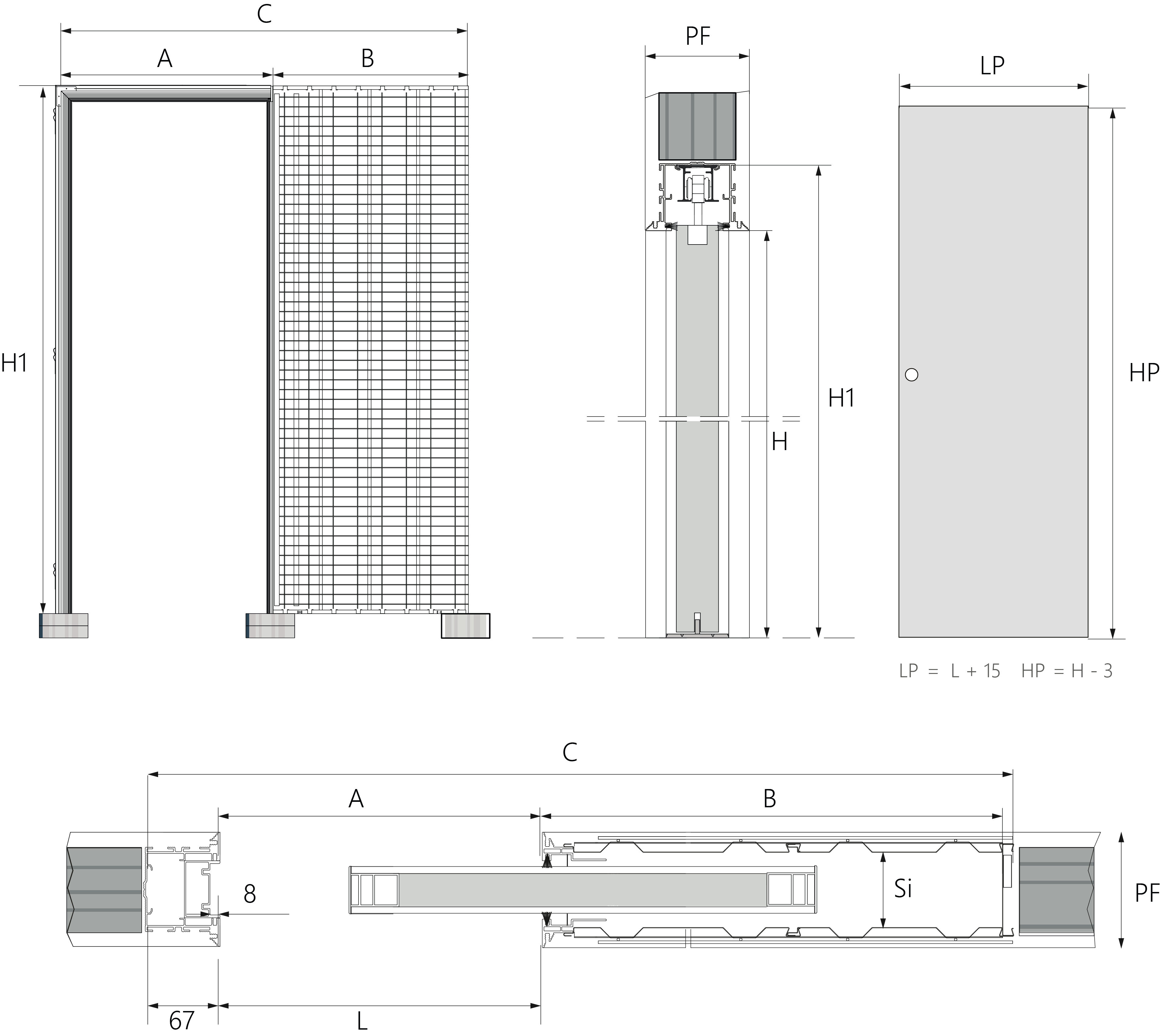 Technical blueprint of EASY concealed pocket sliding door system with aluminum frame