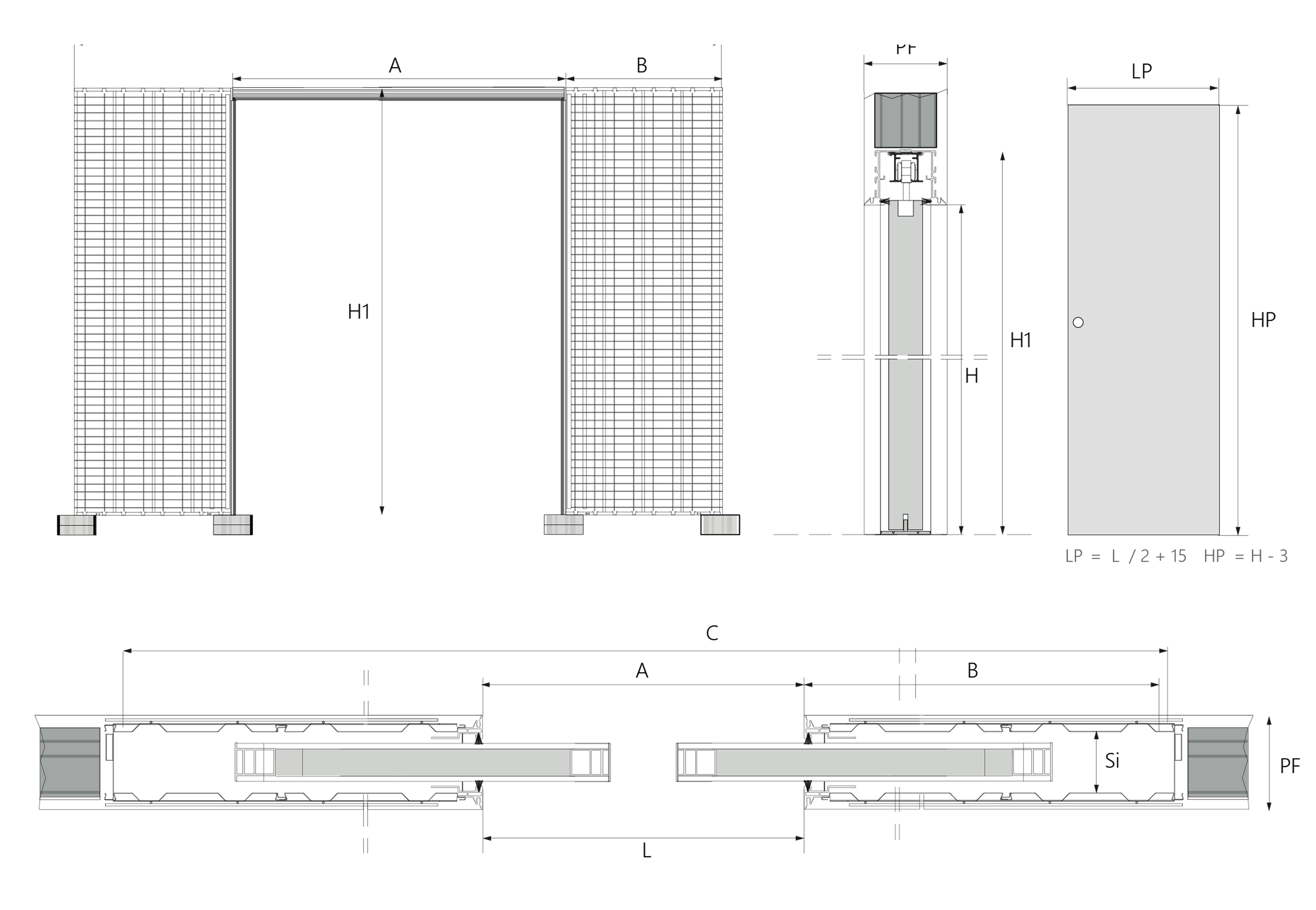 Blueprint of EASY Double pocket sliding system for dual concealed sliding doors with aluminum frame