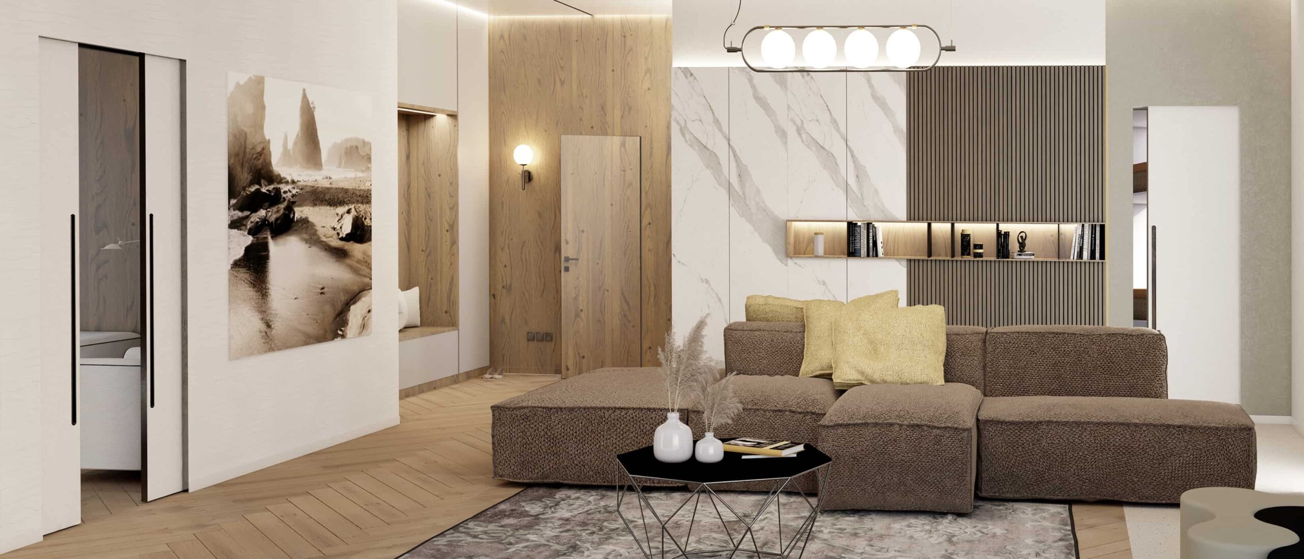 Modern interior with concealed doors, wood and marble finishes, and cozy seating area