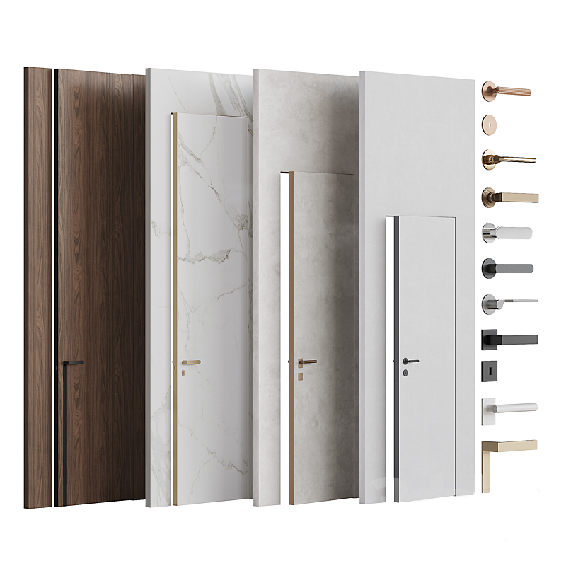 Concealed-frame interior doors in wood, marble, concrete, and minimalist finishes with modern handles
