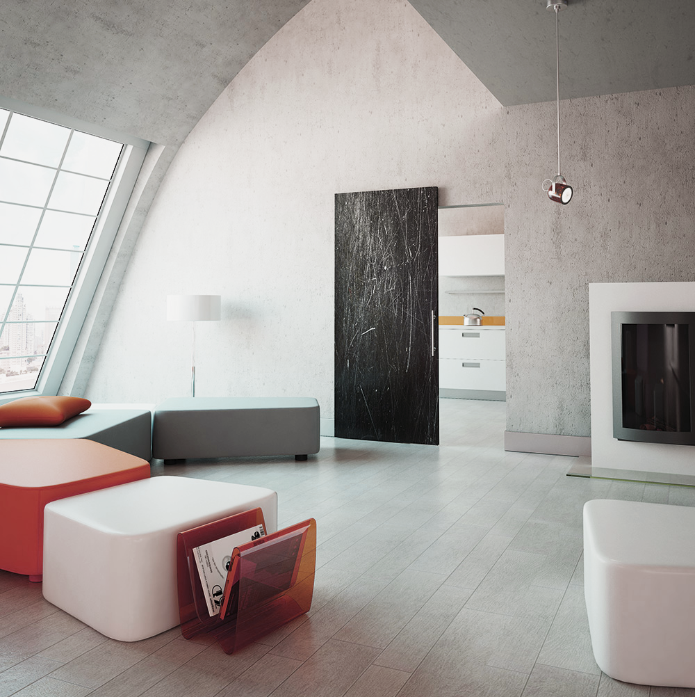 Concealed sliding door in black marble finish blending into a minimalist concrete interior