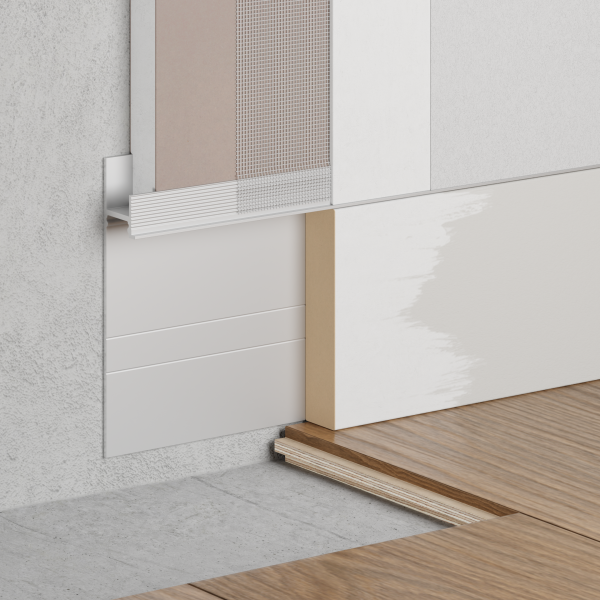 Hidden Skirting Board – Continuous Primed Insert for Seamless Wall-to-Floor Integration Hidden skirting board with a continuous primed insert, ready for painting, seamlessly blending into the wall.