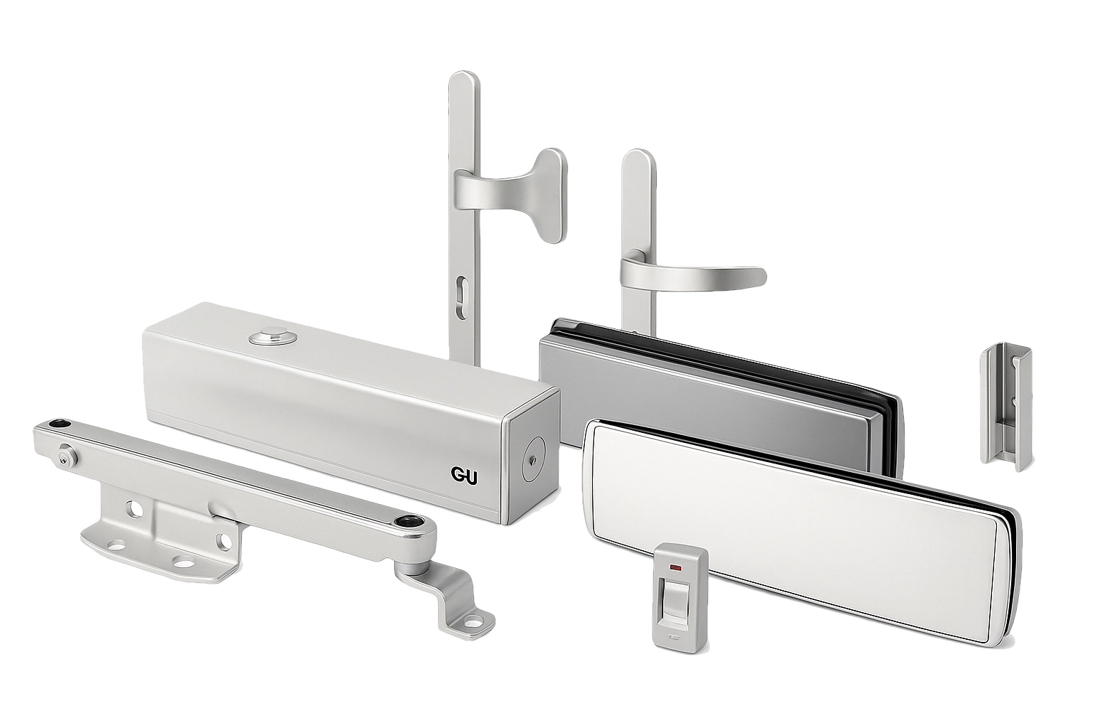 Entrance door accessories including handles, closers, letterboxes, and smart access devices