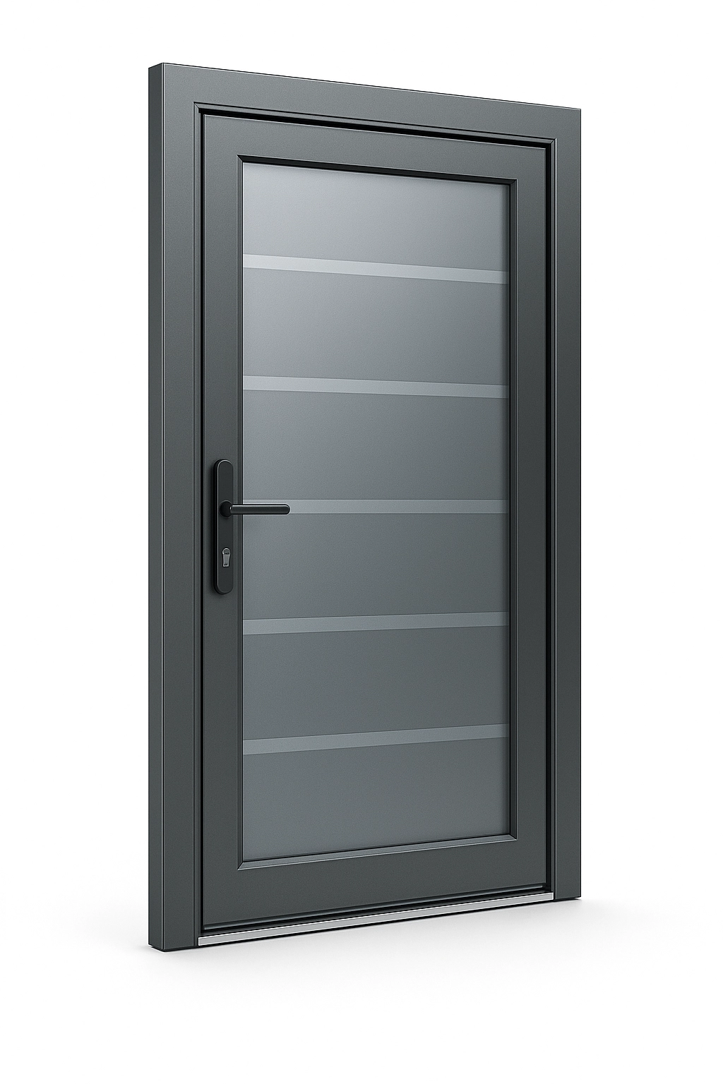 EkoVitre glass door panel with horizontal frosted lines in black aluminum frame