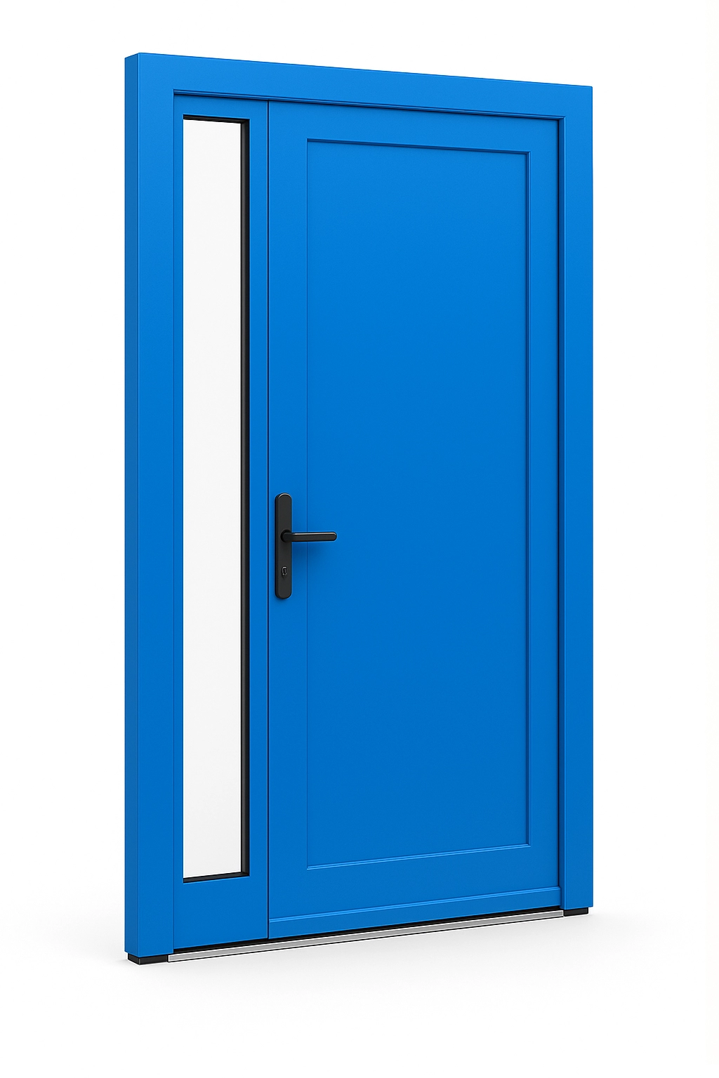 White PVC model door with vertical side glass panel, Ideal 8000 profile