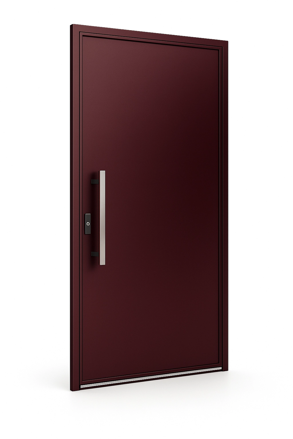 Modern steel entry door with minimalist design and vertical handle